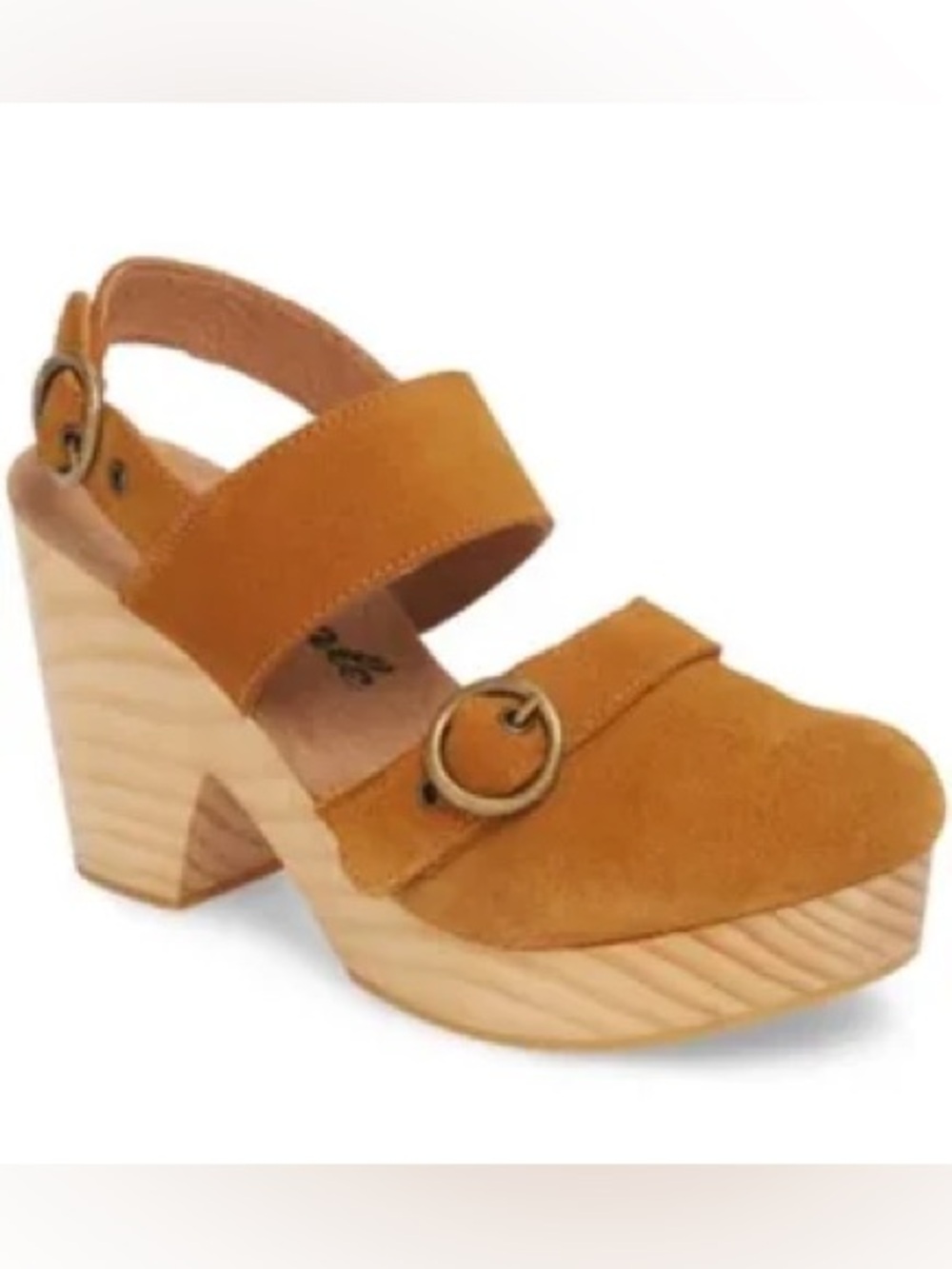 Free People Clogs Park Circle Suede Clog camel tan wooden heel lagenlook